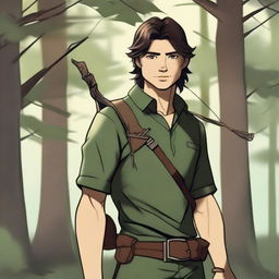 A 19-year-old human male ranger in the woods, with dark brown mid-length hair and green eyes