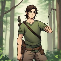 A 19-year-old human male ranger in the woods, with dark brown mid-length hair and green eyes