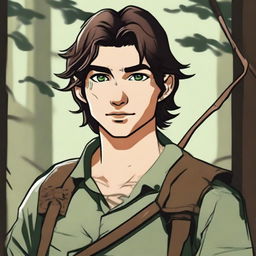 A 19-year-old human male ranger in the woods, with dark brown mid-length hair and green eyes