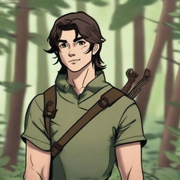 A 19-year-old human male ranger in the woods, with dark brown mid-length hair and green eyes