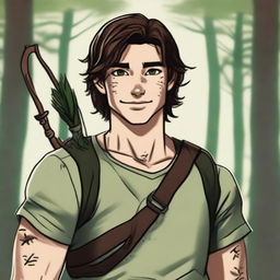 A 19-year-old human male ranger in the woods, with dark brown mid-length hair and green eyes