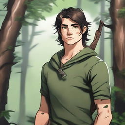 A 19-year-old human male ranger in the woods, with dark brown mid-length hair and green eyes