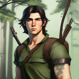 A 19-year-old human male ranger in the woods, with dark brown mid-length hair and green eyes