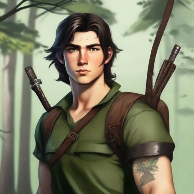 A 19-year-old human male ranger in the woods, with dark brown mid-length hair and green eyes