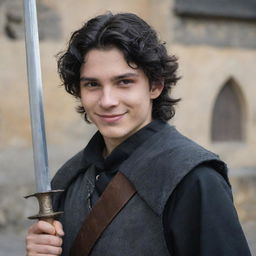 An 18-year-old boy with a pointed nose, black wavy hair that covers his neck, black eyes, and an evil mischievous smile with a straight scar on his lip. Clad in medieval adventurer attire, he wields a magician's staff and a sword is strapped to his back.