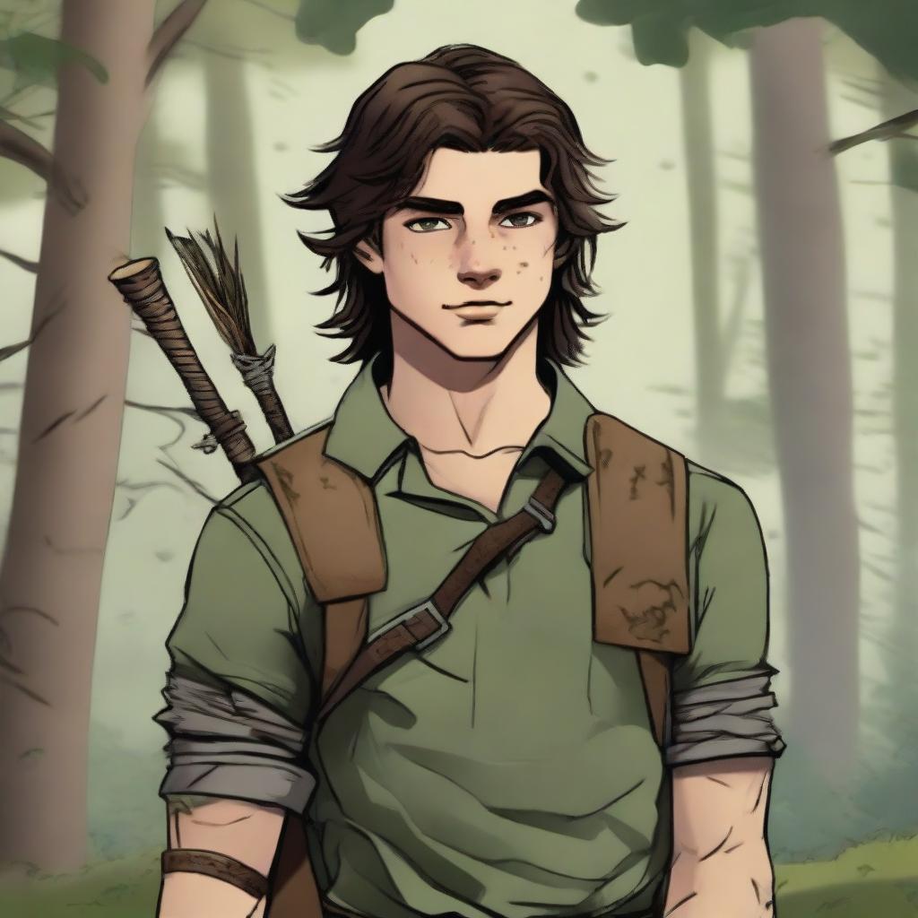 A 19-year-old human male ranger in the woods, with dark brown mid-length messy hair and green eyes