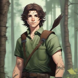 A 19-year-old human male ranger in the woods, with dark brown mid-length messy hair and green eyes