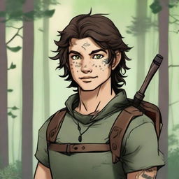 A 19-year-old human male ranger in the woods, with dark brown mid-length messy hair and green eyes