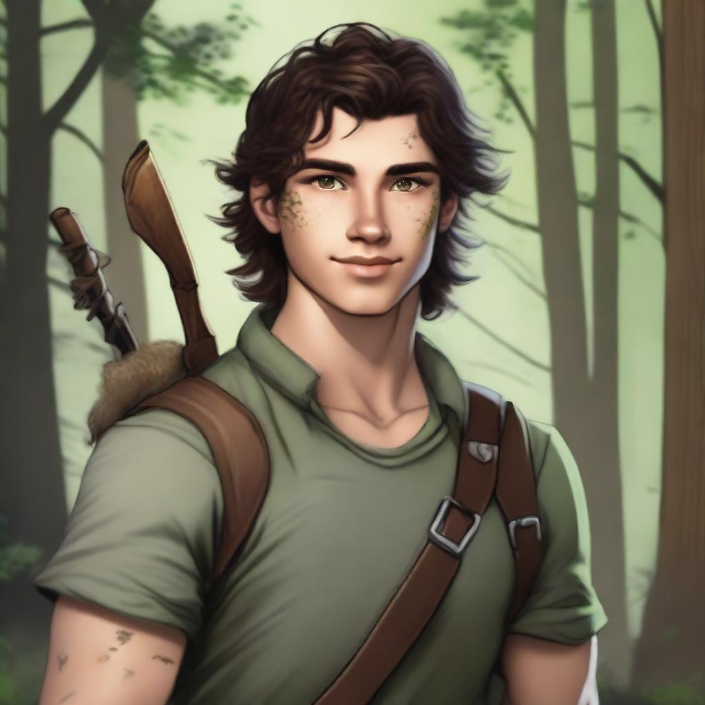 A 19-year-old human male ranger in the woods, with dark brown mid-length messy hair and green eyes