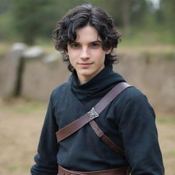 An 18-year-old boy with a pointed nose, black wavy hair that covers his neck, black eyes, and an evil mischievous smile with a straight scar on his lip. Clad in medieval adventurer attire, he wields a magician's staff and a sword is strapped to his back.