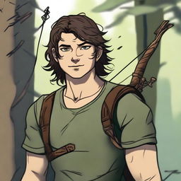 A 19-year-old human male ranger in the woods, with dark brown mid-length messy hair and green eyes