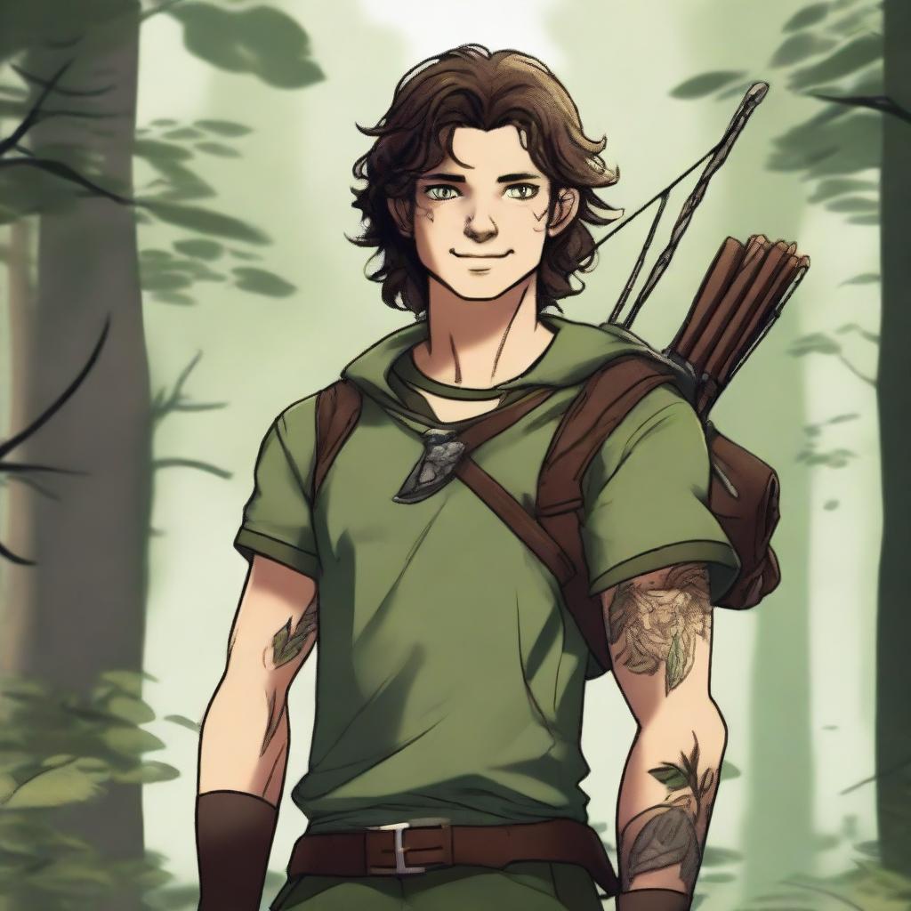 A 19-year-old human male ranger in the woods, with dark brown mid-length messy hair and green eyes