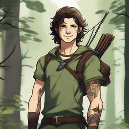 A 19-year-old human male ranger in the woods, with dark brown mid-length messy hair and green eyes