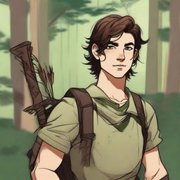 A 19-year-old human male ranger in the woods, with dark brown mid-length messy hair and green eyes