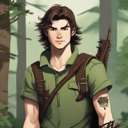 A 19-year-old human male ranger in the woods, with dark brown mid-length messy hair and green eyes