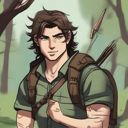 A 19-year-old human male ranger in the woods, with dark brown mid-length messy hair and green eyes