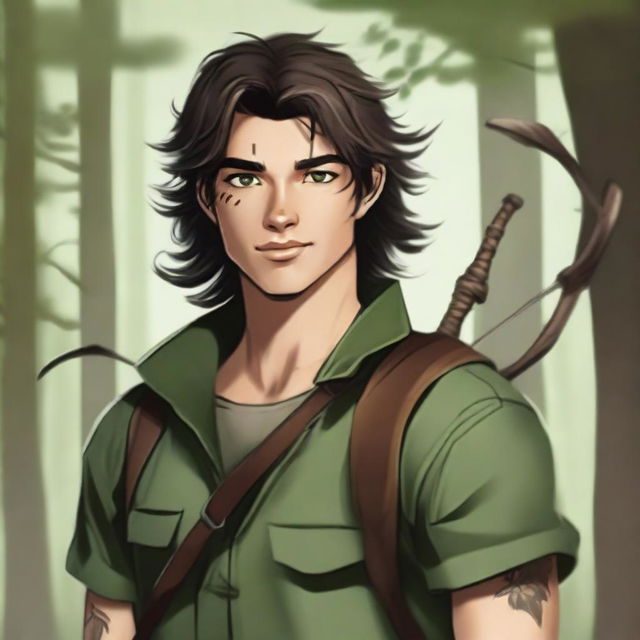 A 19-year-old human male ranger in the woods, with dark brown mid-length messy hair and green eyes