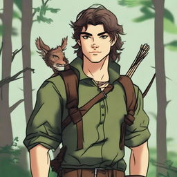 A 19-year-old human male ranger in the woods, with dark brown mid-length messy hair and green eyes