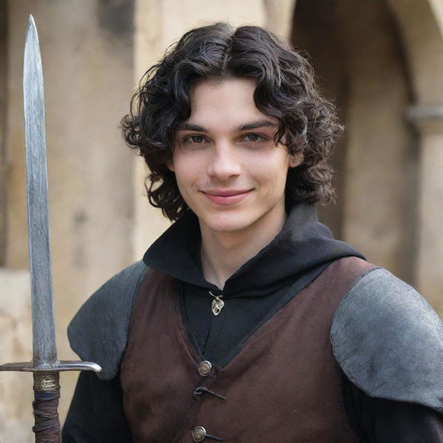 An 18-year-old boy with a pointed nose, black wavy hair that covers his neck, black eyes, and an evil mischievous smile with a straight scar on his lip. Clad in medieval adventurer attire, he wields a magician's staff and a sword is strapped to his back.