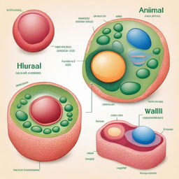 A detailed illustration showing the differences between an animal cell and a plant cell