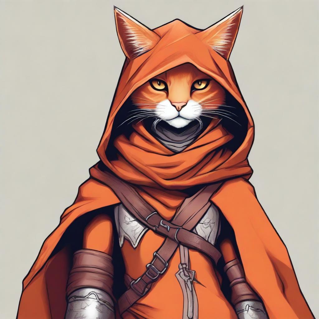 A detailed illustration of an orange humanoid cat female rogue, dressed in stealthy attire with light armor and a hooded cloak