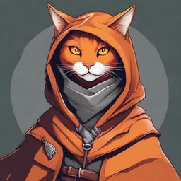 A detailed illustration of an orange humanoid cat female rogue, dressed in stealthy attire with light armor and a hooded cloak