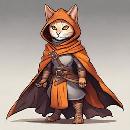 A detailed illustration of an orange humanoid cat female rogue, dressed in stealthy attire with light armor and a hooded cloak