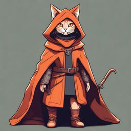 A detailed illustration of an orange humanoid cat female rogue, dressed in stealthy attire with light armor and a hooded cloak