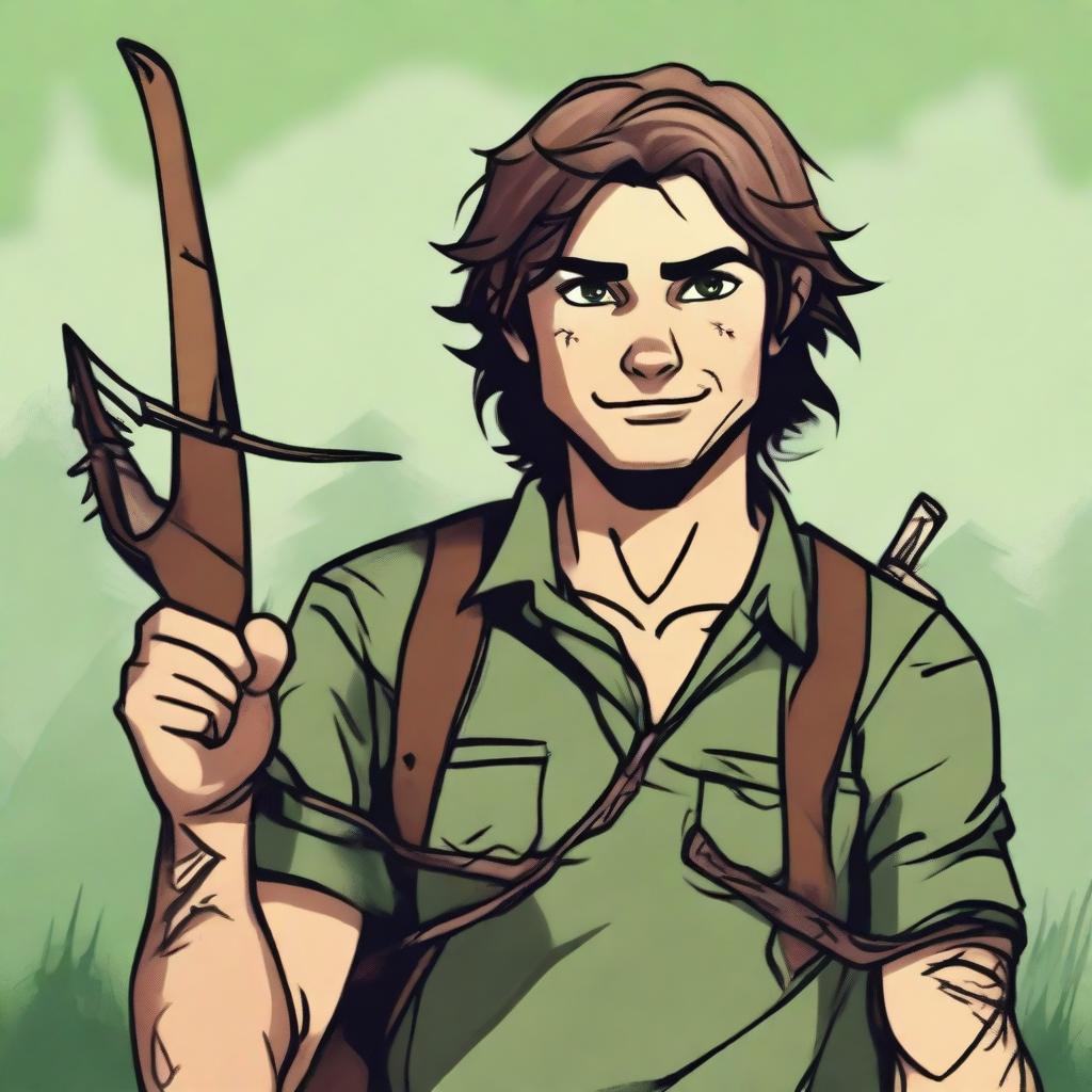 A young human male ranger in the woods, with dark brown mid-length messy hair and green eyes