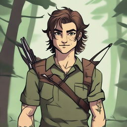 A young human male ranger in the woods, with dark brown mid-length messy hair and green eyes