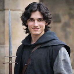 An 18-year-old boy with a pointed nose, black wavy hair that covers his neck, black eyes, and an evil mischievous smile with a straight scar on his lip. Clad in medieval adventurer attire, he wields a magician's staff and a sword is strapped to his back.