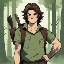 A young human male ranger in the woods, with dark brown mid-length messy hair and green eyes