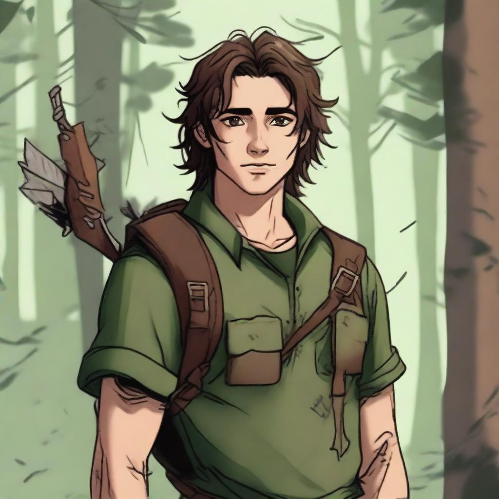 A young human male ranger in the woods, with dark brown mid-length messy hair and green eyes