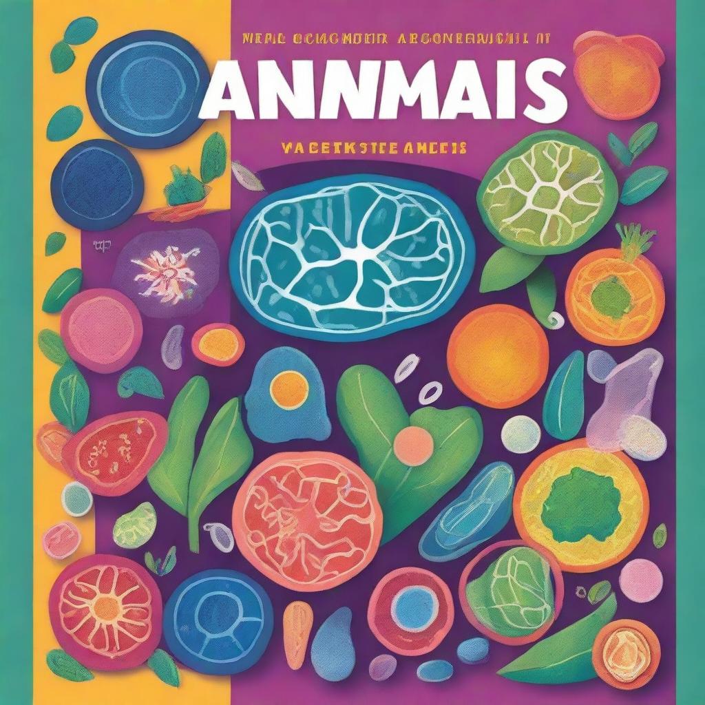 Create a vibrant and educational book cover featuring detailed illustrations of animal and plant cells