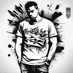 Create a design for a graffiti-themed t-shirt, using only black and white colors