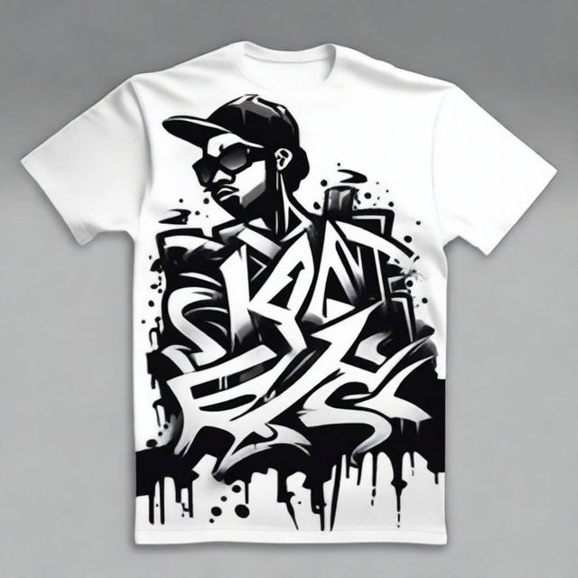 Create a design for a graffiti-themed t-shirt, using only black and white colors