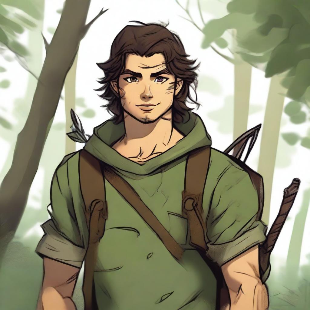 A young human male ranger in the woods, with dark brown mid-length messy hair and green eyes