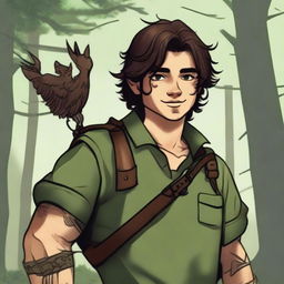 A young human male ranger in the woods, with dark brown mid-length messy hair and green eyes