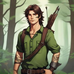 A young human male ranger in the woods, with dark brown mid-length messy hair and green eyes