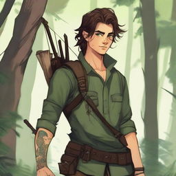 A young human male ranger in the woods, with dark brown mid-length messy hair and green eyes