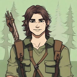 A 16-year-old human male ranger in the woods, with dark brown mid-length messy hair and green eyes