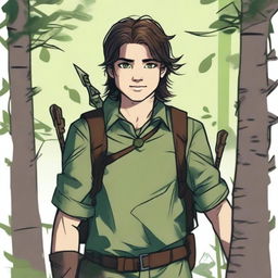 A 16-year-old human male ranger in the woods, with dark brown mid-length messy hair and green eyes