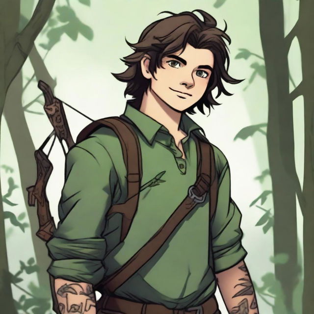 A 16-year-old human male ranger in the woods, with dark brown mid-length messy hair and green eyes