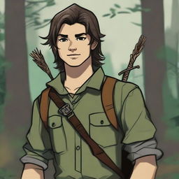 A 16-year-old human male ranger in the woods, with dark brown mid-length messy hair and green eyes