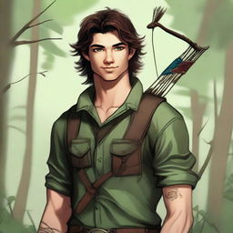 A 19-year-old human male ranger in the woods, with dark brown mid-length messy hair and green eyes