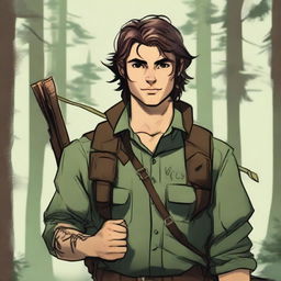 A 19-year-old human male ranger in the woods, with dark brown mid-length messy hair and green eyes