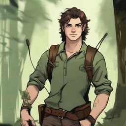 A 19-year-old human male ranger in the woods, with dark brown mid-length messy hair and green eyes