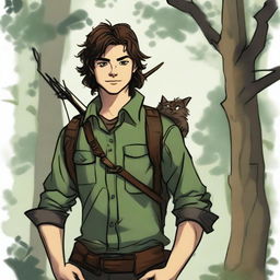 A 19-year-old human male ranger in the woods, with dark brown mid-length messy hair and green eyes