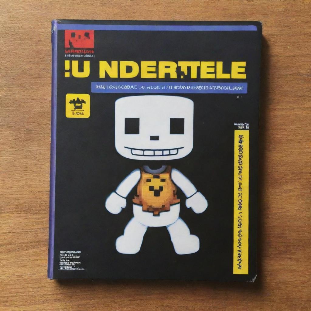 A vintage video game instruction booklet for the Undertale game on the GameCube, intricate visuals, filled with colorful screenshots, explanations of game mechanics, and character bios.