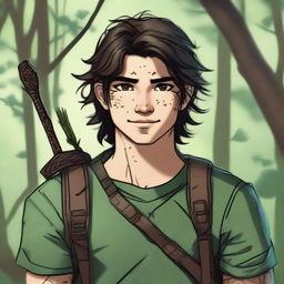 A 19-year-old human male ranger in the woods, with dark brown mid-length messy hair and green eyes